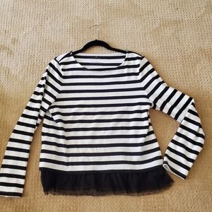 Knit striped pullover sweater with lace trim